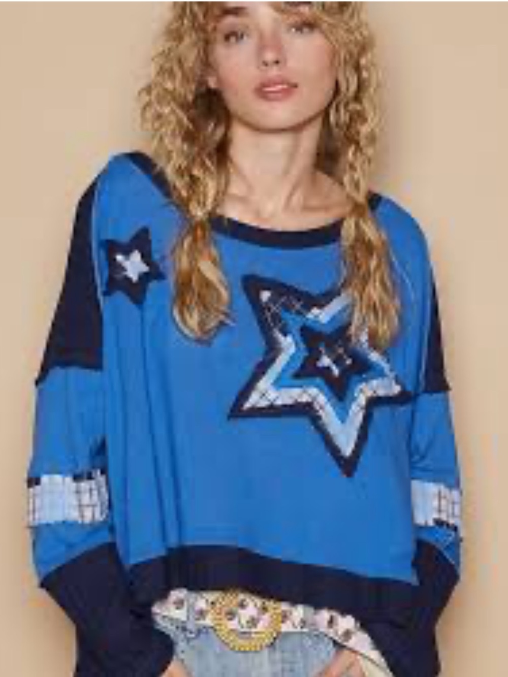 New: POL “Celestial” Bohemian Mixed Patchwork Star Knit Long Sleeve Sweater• L